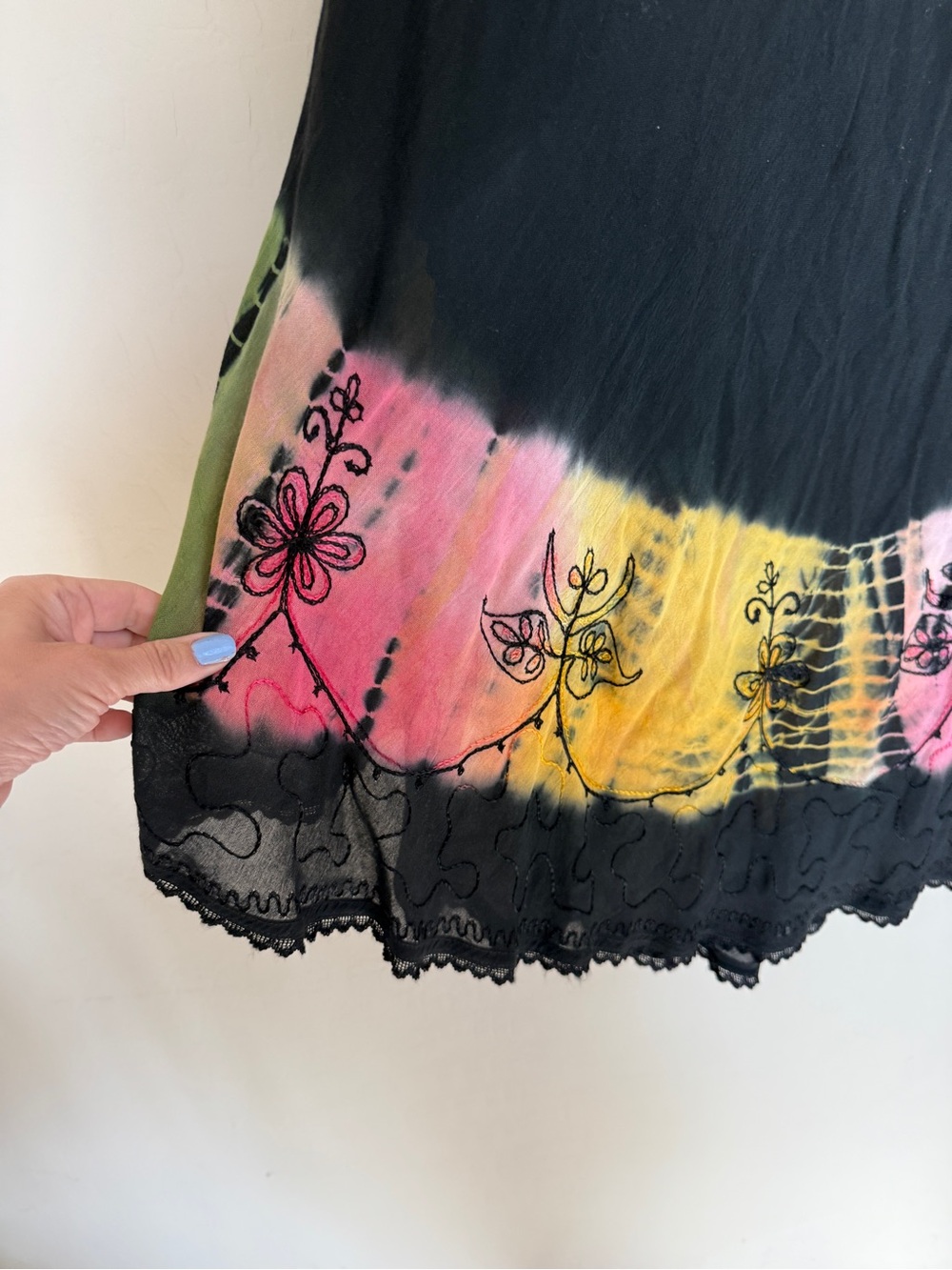 Boho Tie-Dye Black Maxi Skirt with Multicolor Hem Embroidered XL - Picture 2 of 4